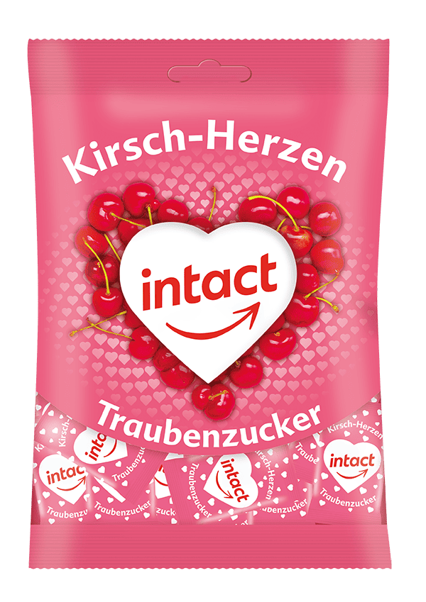 intact Kirsch-Herzen Traubenzucker Beutel Vorderseite